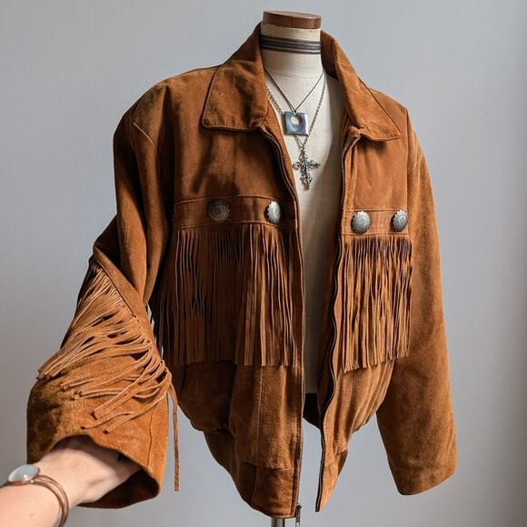 Vintage Jackets & Blazers - Vintage Brown Suede Leather Jacket Fringe Biker Western Moto Bomber Coat Large